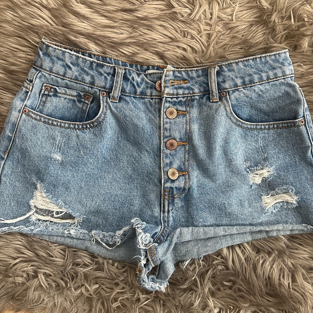 Forever 21 - distressed Button Fly - high rise Short Shorts! - Sz 27 -good cond